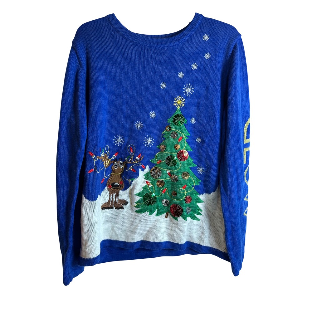 Holiday Time Sweater XL Blue Reindeer Sequin Let It Glow Women